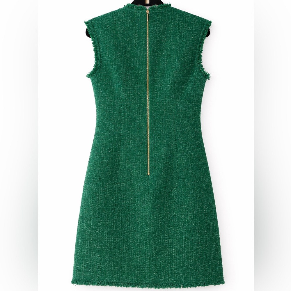 Kate Spade Green Tweed Shift Dress Sz 0 Fringe Trim Sleeveless Classic Chic NWOT - Picture 6 of 8